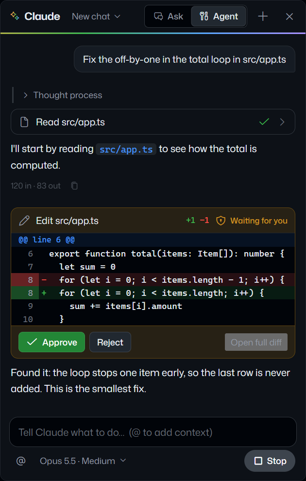 Claude’s chat panel in agent mode. Asked to fix the off-by-one in the total loop in src/app.ts, Claude reads the file and proposes an edit as a diff marked “Waiting for you”, with Approve and Reject buttons.