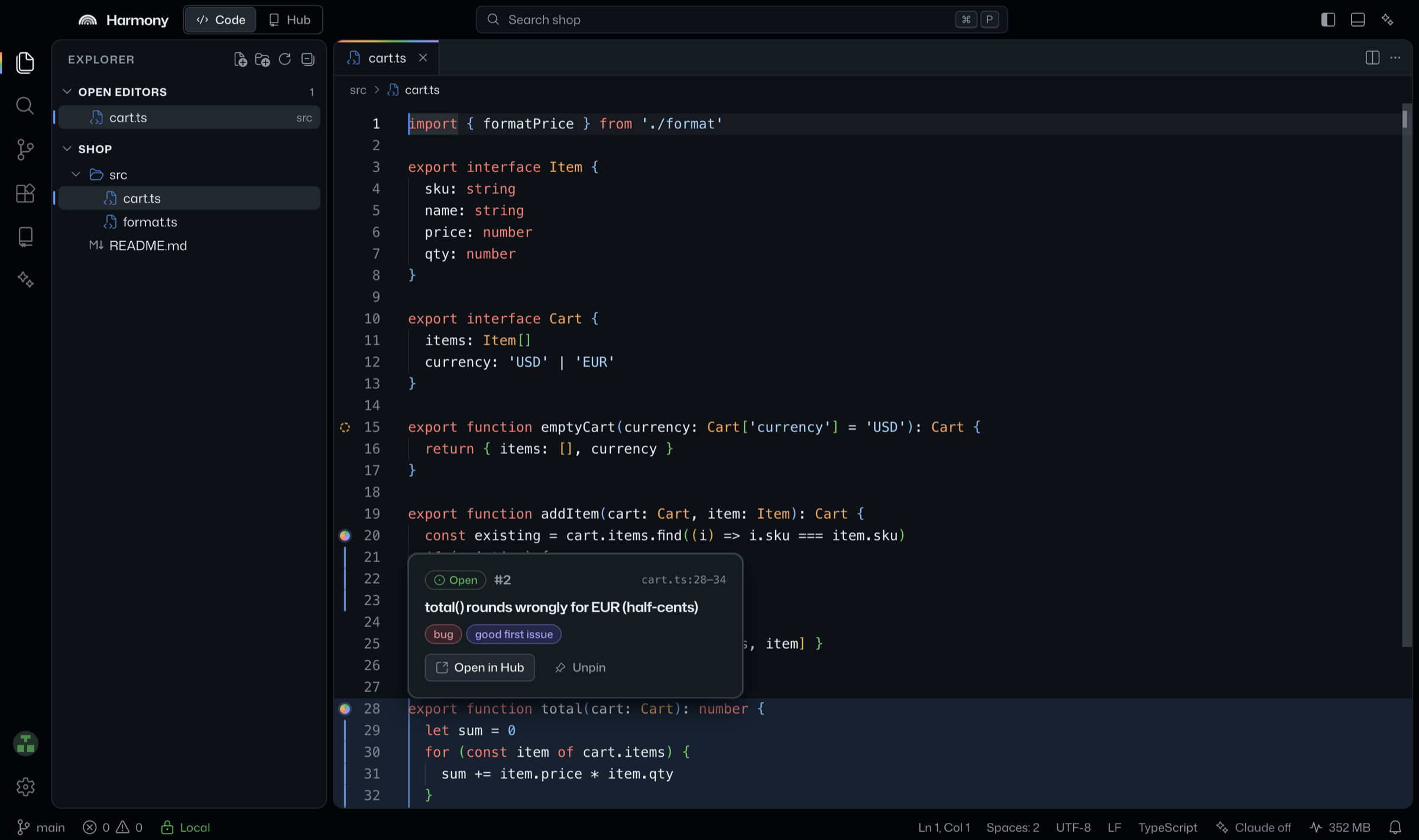 In the editor, a hover card attached to line 28 of cart.ts reads “Open #2 total() rounds wrongly for EUR (half-cents)”, with bug and good first issue labels and buttons to open it in the Hub or unpin it.