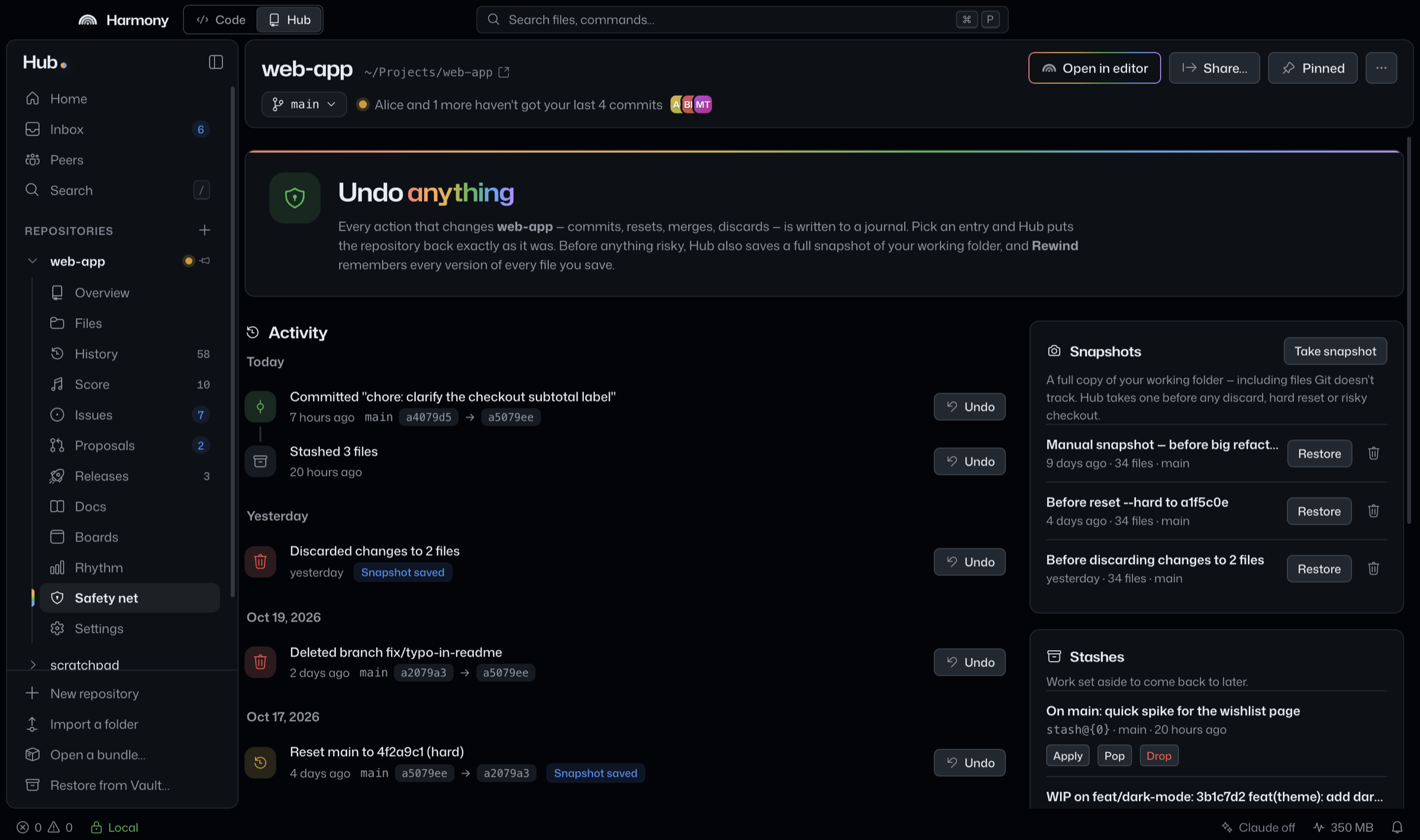 The Safety net page in the Hub, headed “Undo anything”: a journal of recent actions such as a commit, a stash, a discard and a hard reset, each with an Undo button, beside saved snapshots with Restore buttons and a list of stashes.